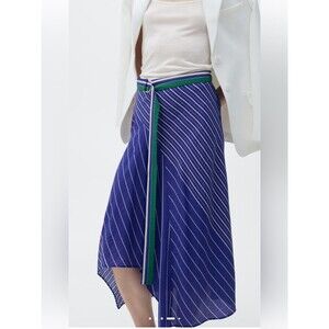 Mango MNG Striped A-Line Midi Skirt in Royal Blue with Green Belt Size 2